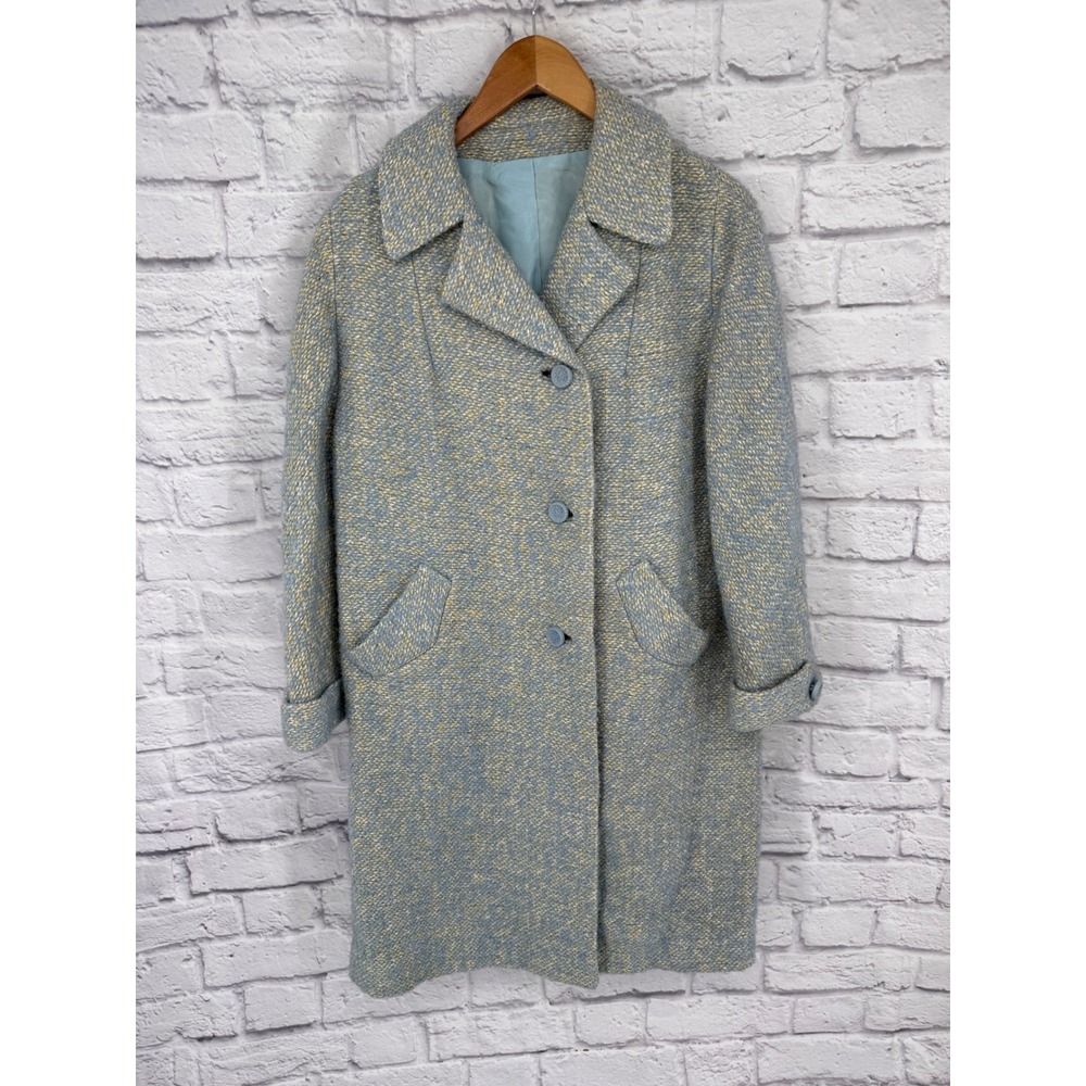 Vintage 50s 60s Glenbrooke Wool Tweed Blue Yellow ILGWU Union Swing Car Coat - Picture 2 of 15